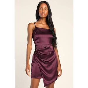 NWT Lulus Romantic Bliss Purple Satin Asymmetrical Faux-wrap Mini Dress - Size S